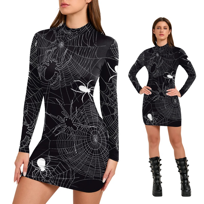 Bodycon Dress Women - 여성용 할로윈 거미줄 프린트 드레스 롱