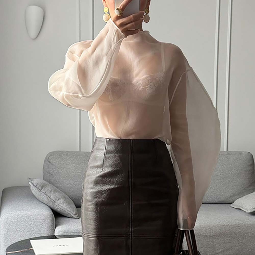 Wrap Blouse Chiffon - 시크한 긴팔 메쉬 블라우스 하프하이 칼라