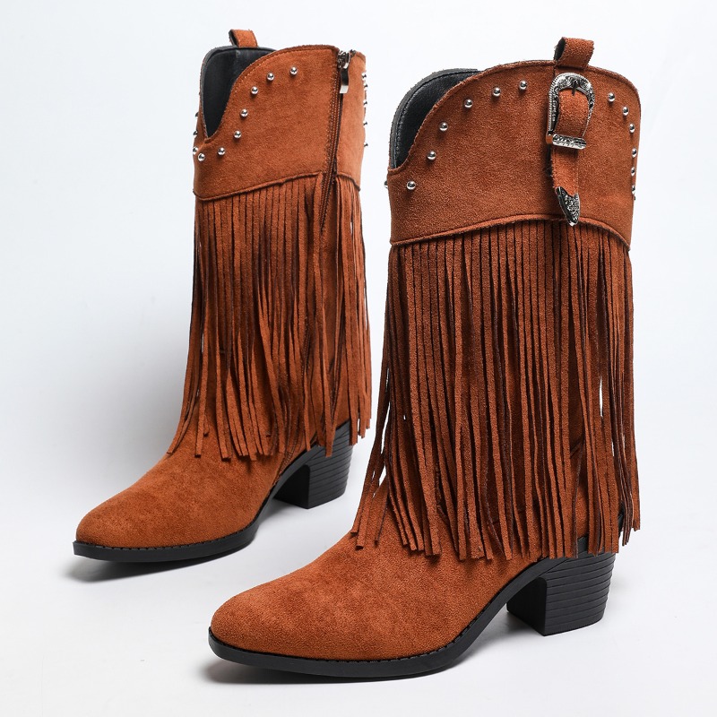 Women'S Fashion Riding Boots - 대형 사이즈 다용도 프린지 스터드 버클