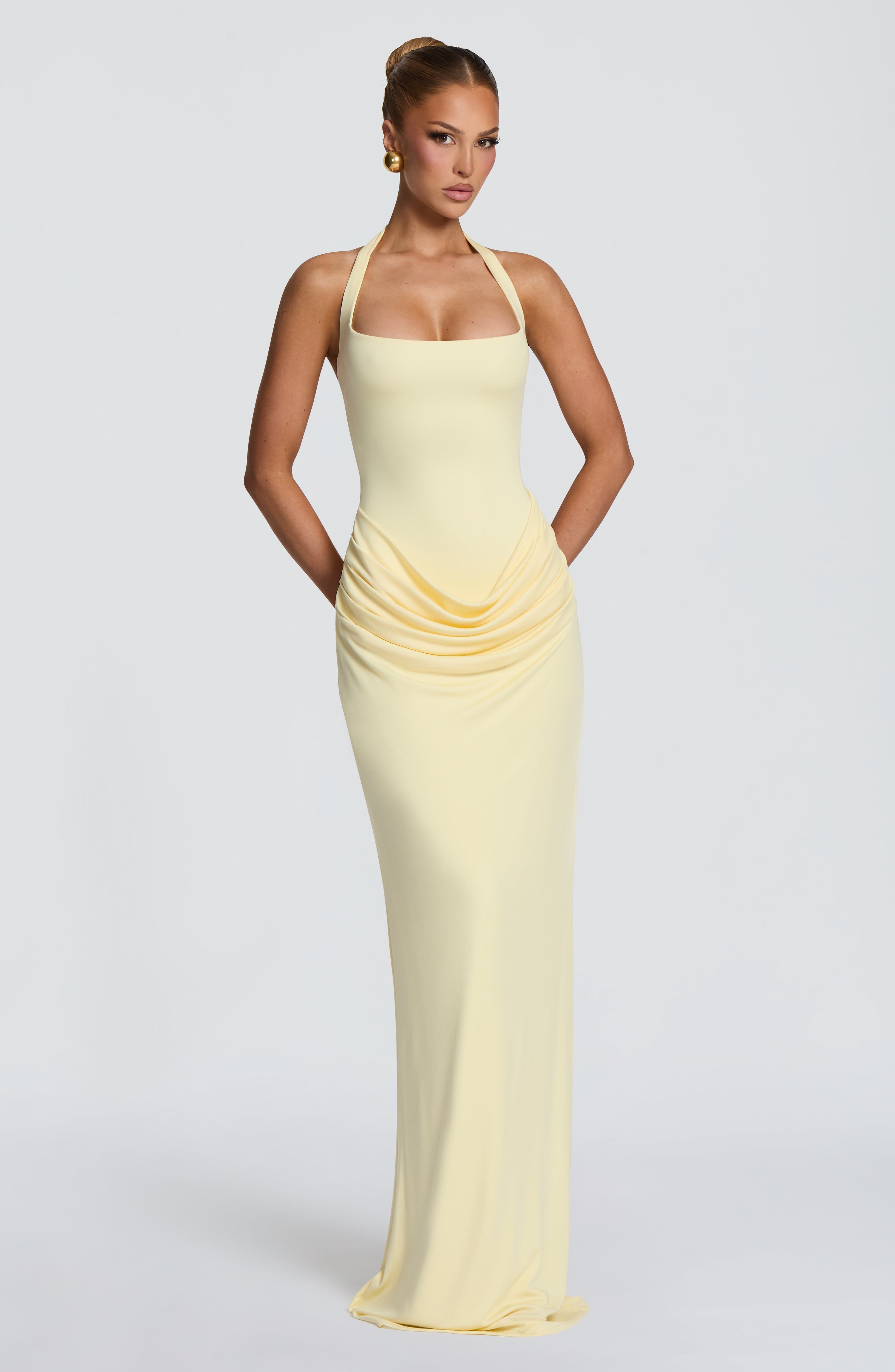 Bodycon Dress Women - 홀터 스퀘어넥 맥시 드레스 허리 드레이핑