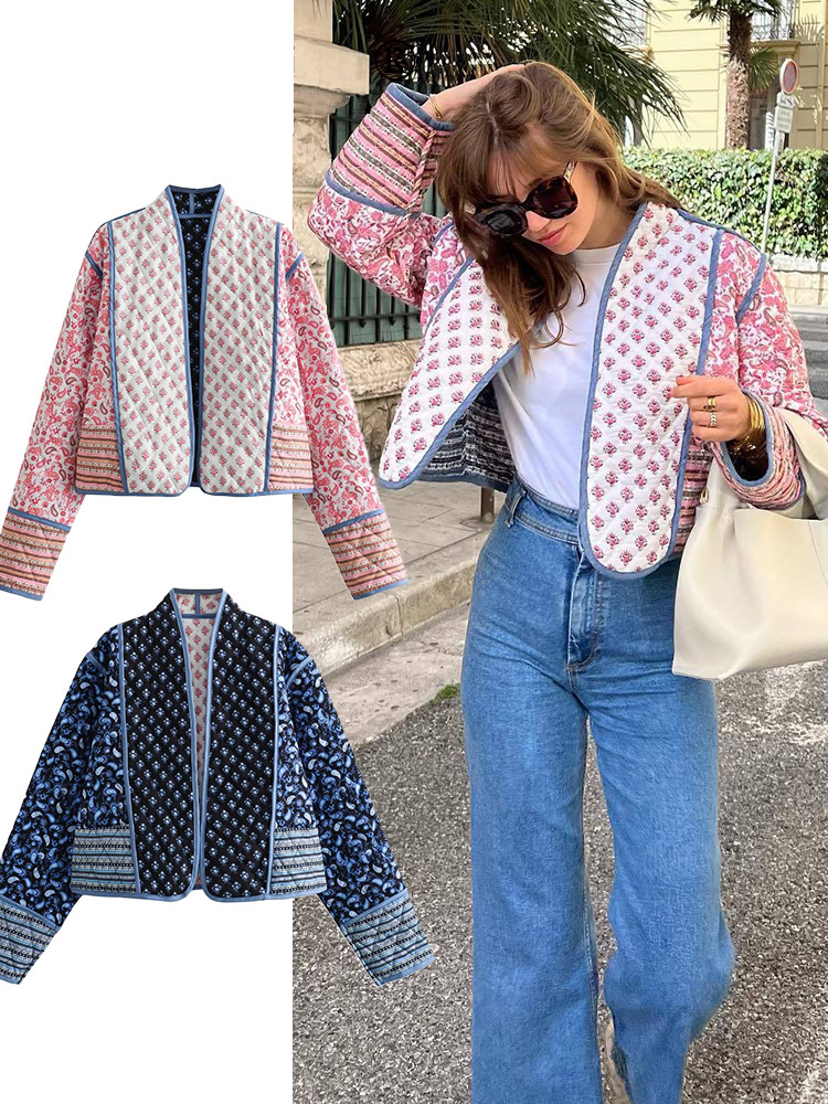 여성용 가역 퀼트 재킷, 플로럴 프린트, 긴팔 가디건  - Women'S Fashion Quilted Jacket 리뷰 및 가격