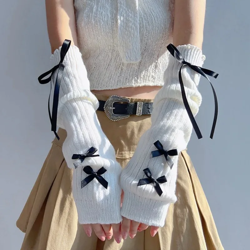 여성 Y2K 패션 암 워머 리본 장식 부드러운 니트 장 - Women Fashion Gloves 리뷰 및 가격