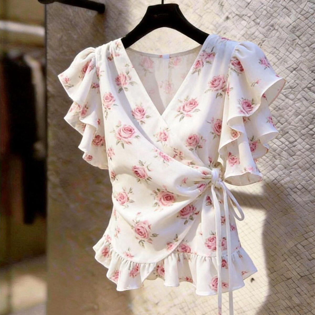 여성 V넥 랩 시폰 블라우스 핑크 로즈 플로럴 프린트  - Wrap Blouse Chiffon 리뷰 및 가격