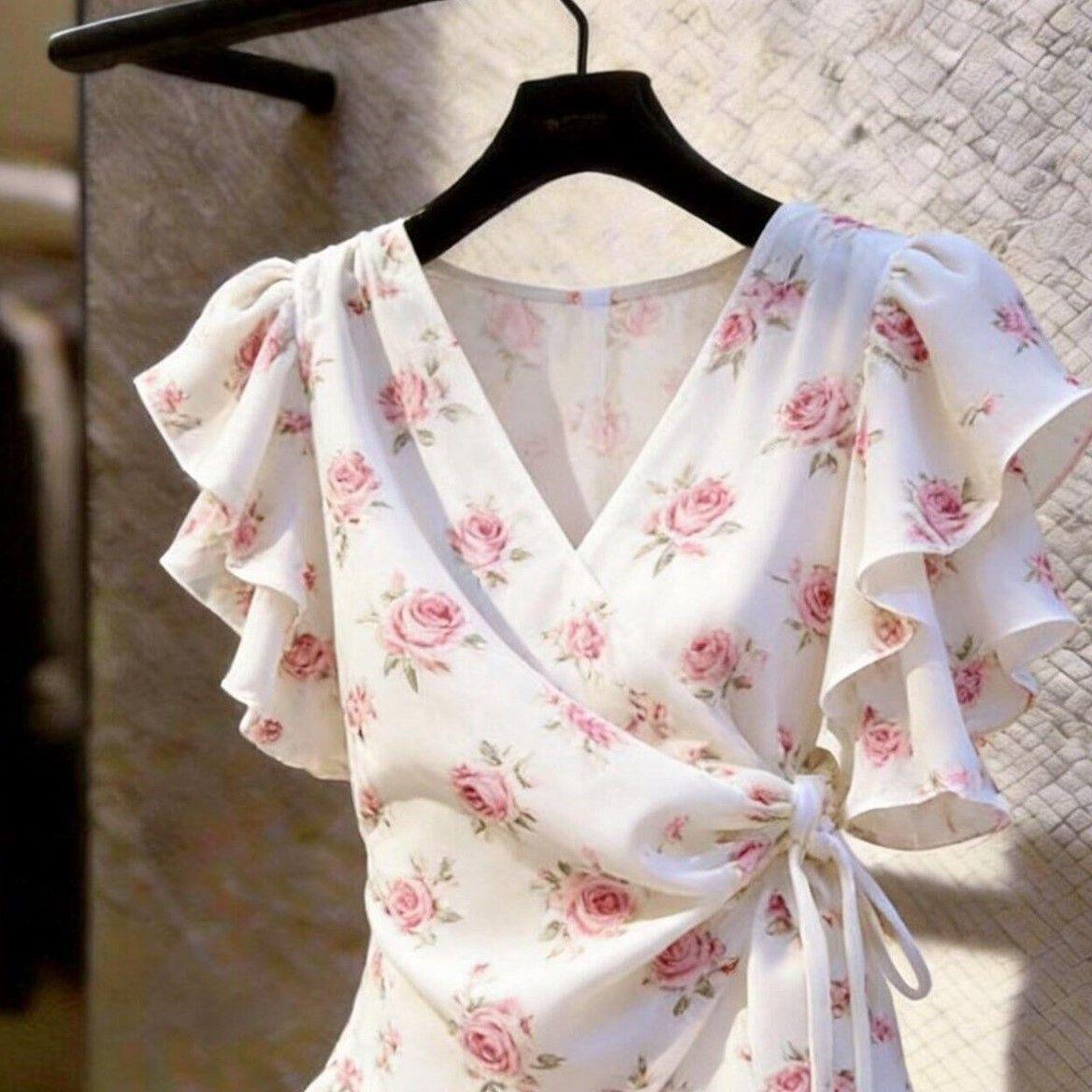 여성 V넥 랩 시폰 블라우스 핑크 로즈 플로럴 프린트  - Wrap Blouse Chiffon 리뷰 및 가격