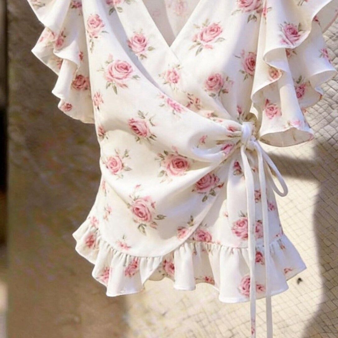 여성 V넥 랩 시폰 블라우스 핑크 로즈 플로럴 프린트  - Wrap Blouse Chiffon 리뷰 및 가격