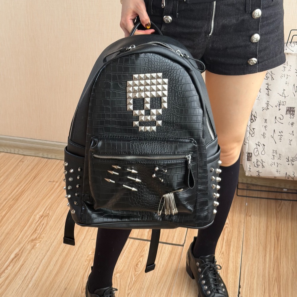 오리지널 블랙 악어 패턴 해골 리벳 백팩 핀 장식 스트 - Women'S Fashion Trends 리뷰 및 가격
