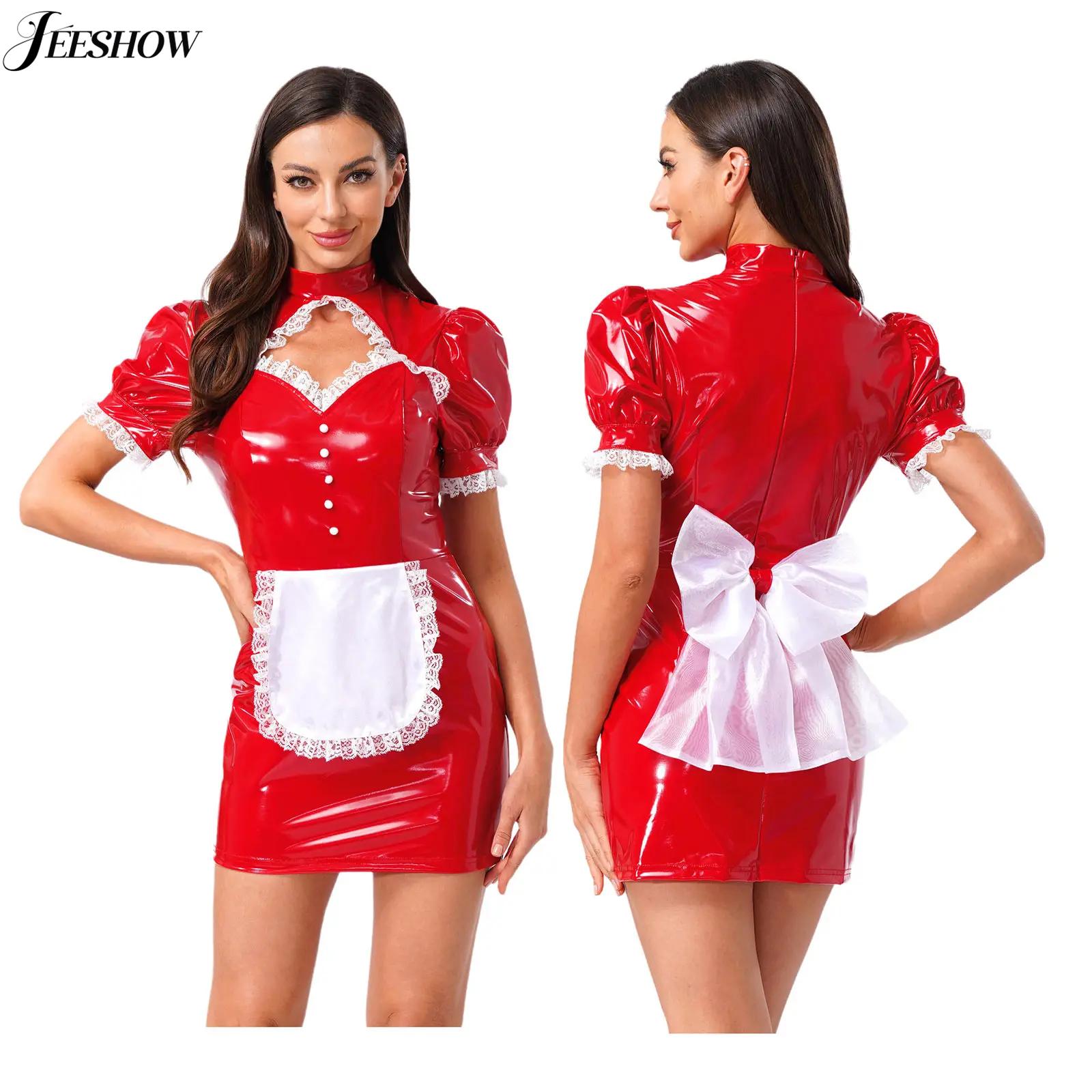 여자 프랑스 메이드 의상 특허 가죽 레이스 트림 컷 아 - Bodycon Dress Women 리뷰 및 가격