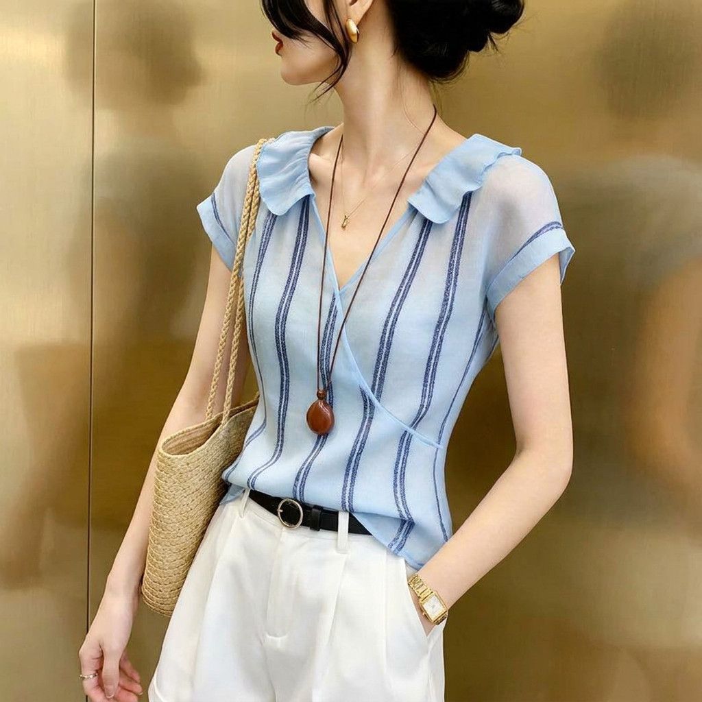 프랑스 스타일 블루 세로 스트라이프 랩 블라우스 러플  - Wrap Blouse Chiffon 리뷰 및 가격