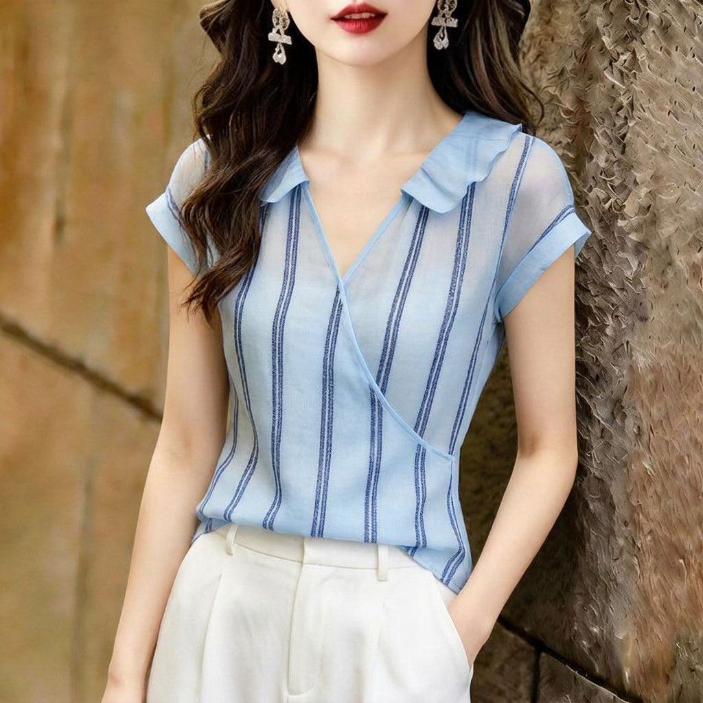 프랑스 스타일 블루 세로 스트라이프 랩 블라우스 러플  - Wrap Blouse Chiffon 리뷰 및 가격