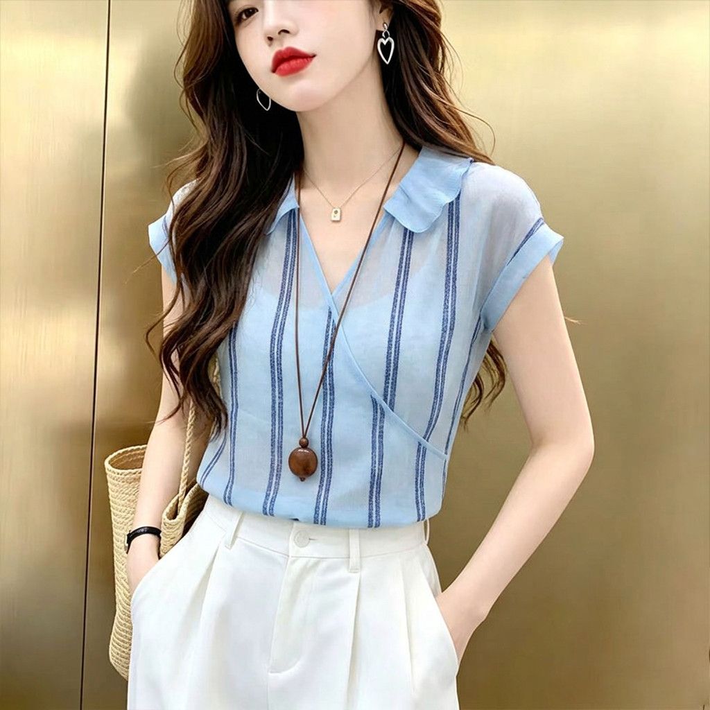 프랑스 스타일 블루 세로 스트라이프 랩 블라우스 러플  - Wrap Blouse Chiffon 리뷰 및 가격