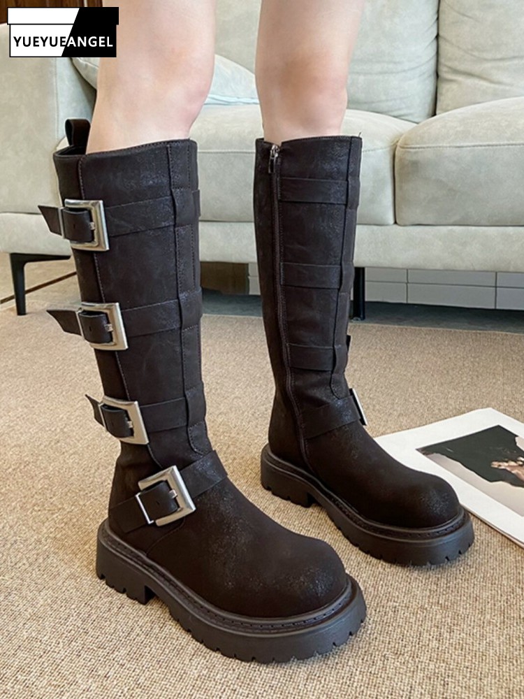 패션 여성 멀티 버클 니하이 부츠 두꺼운 플랫폼 하이탑 - Women'S Fashion Riding Boots 리뷰 및 가격