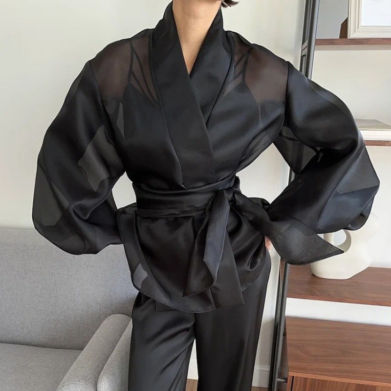 우아한 블랙 시스루 오간자 랩 블라우스 (벨트 포함)  - Wrap Blouse Chiffon 리뷰 및 가격