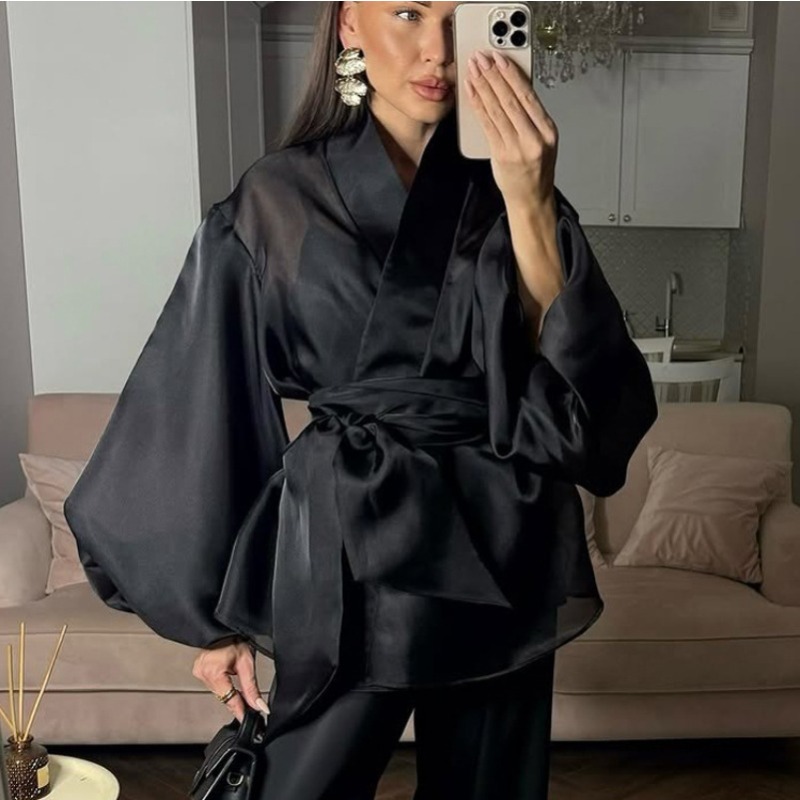 우아한 블랙 시스루 오간자 랩 블라우스 (벨트 포함)  - Wrap Blouse Chiffon 리뷰 및 가격