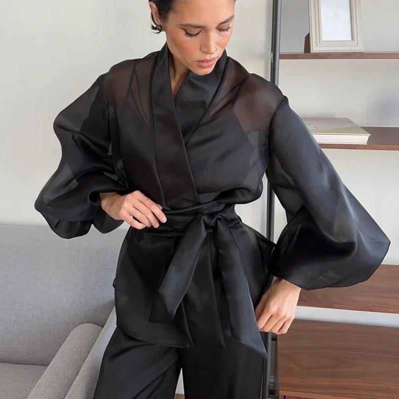 우아한 블랙 시스루 오간자 랩 블라우스 (벨트 포함)  - Wrap Blouse Chiffon 리뷰 및 가격