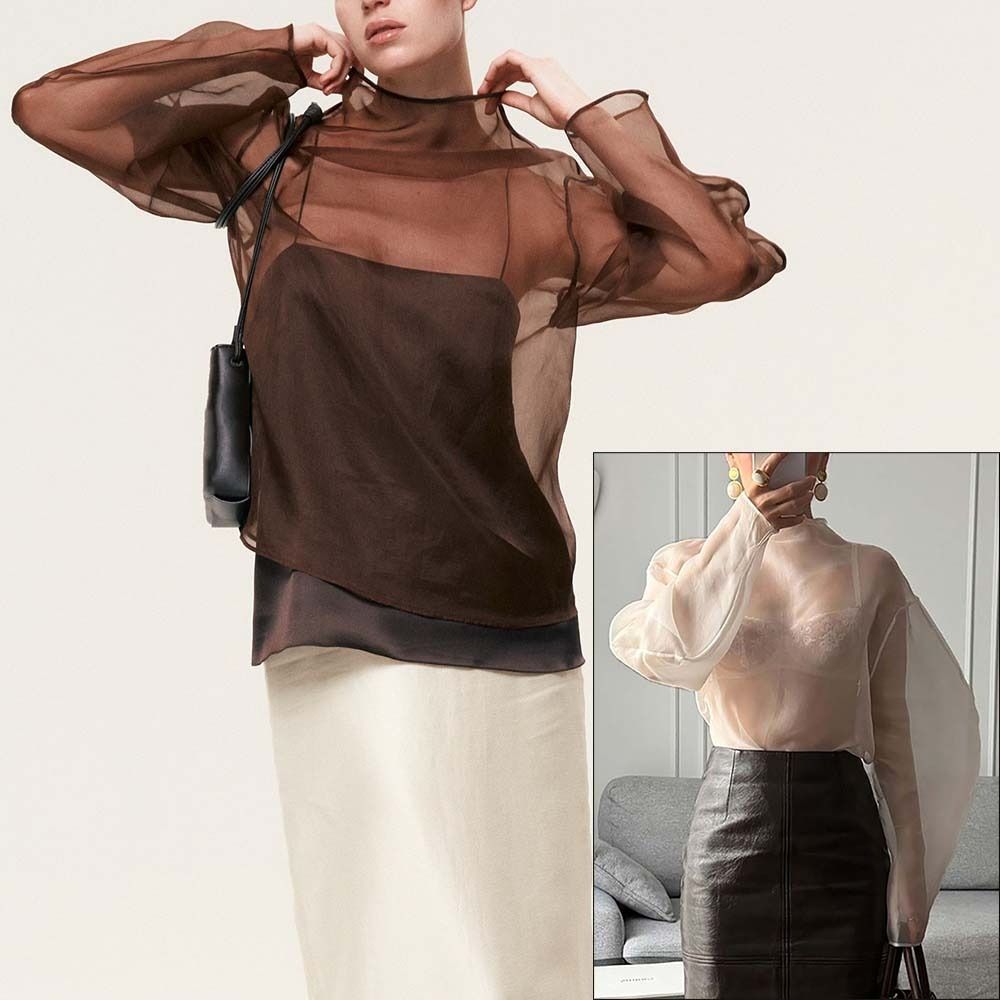 시크한 긴팔 메쉬 블라우스 하프하이 칼라 O넥 거즈 블 - Wrap Blouse Chiffon 리뷰 및 가격