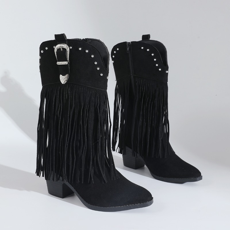 대형 사이즈 다용도 프린지 스터드 버클 청키 힐 미드- - Women'S Fashion Riding Boots 리뷰 및 가격