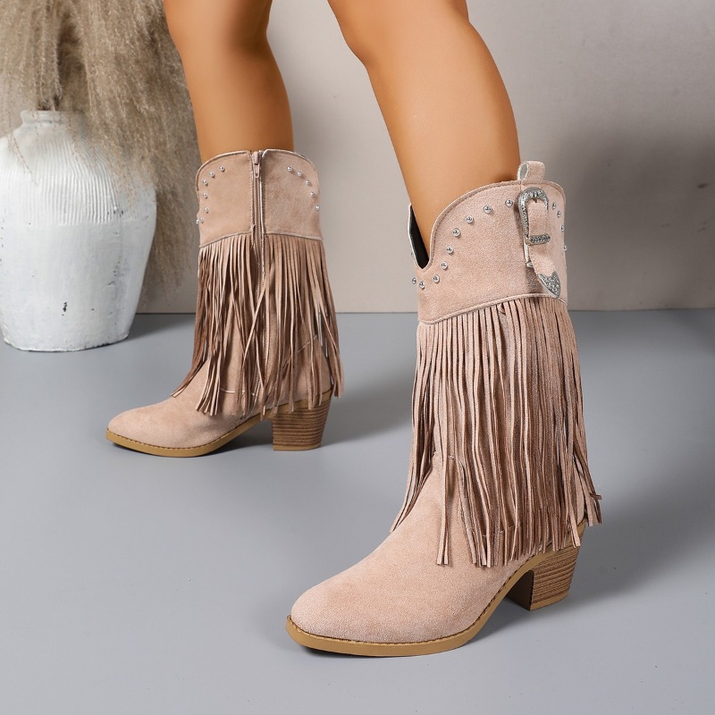대형 사이즈 다용도 프린지 스터드 버클 청키 힐 미드- - Women'S Fashion Riding Boots 리뷰 및 가격