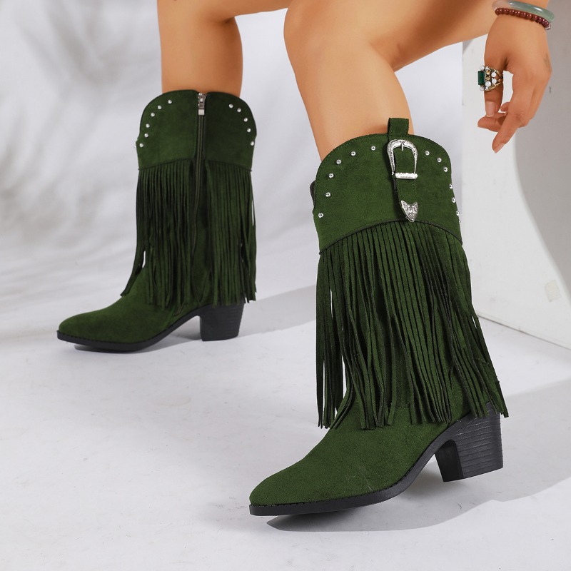 대형 사이즈 다용도 프린지 스터드 버클 청키 힐 미드- - Women'S Fashion Riding Boots 리뷰 및 가격