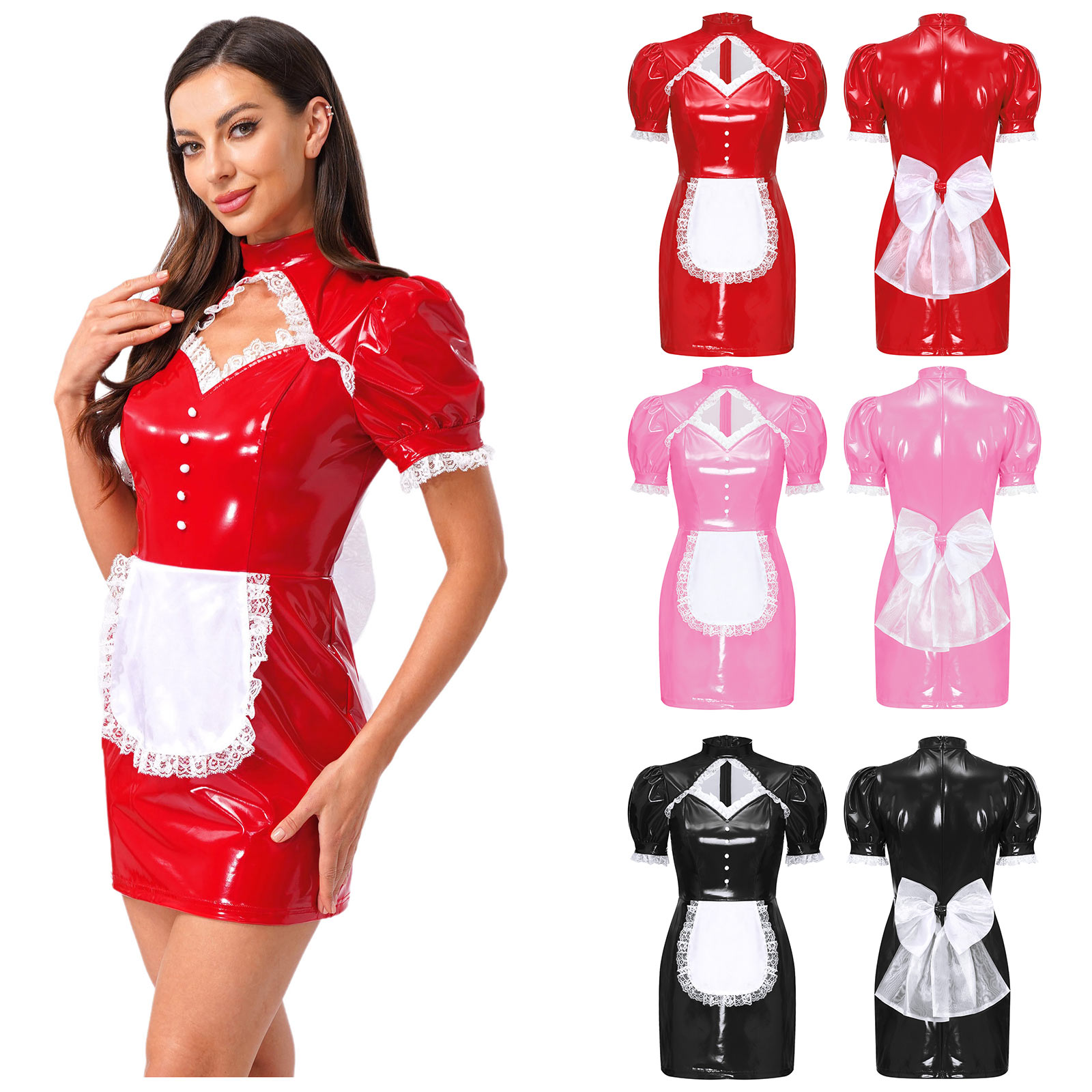여자 할로윈 메이드 유니폼 광택 PU 레이스 트림 앞치 - Bodycon Dress Women 리뷰 및 가격