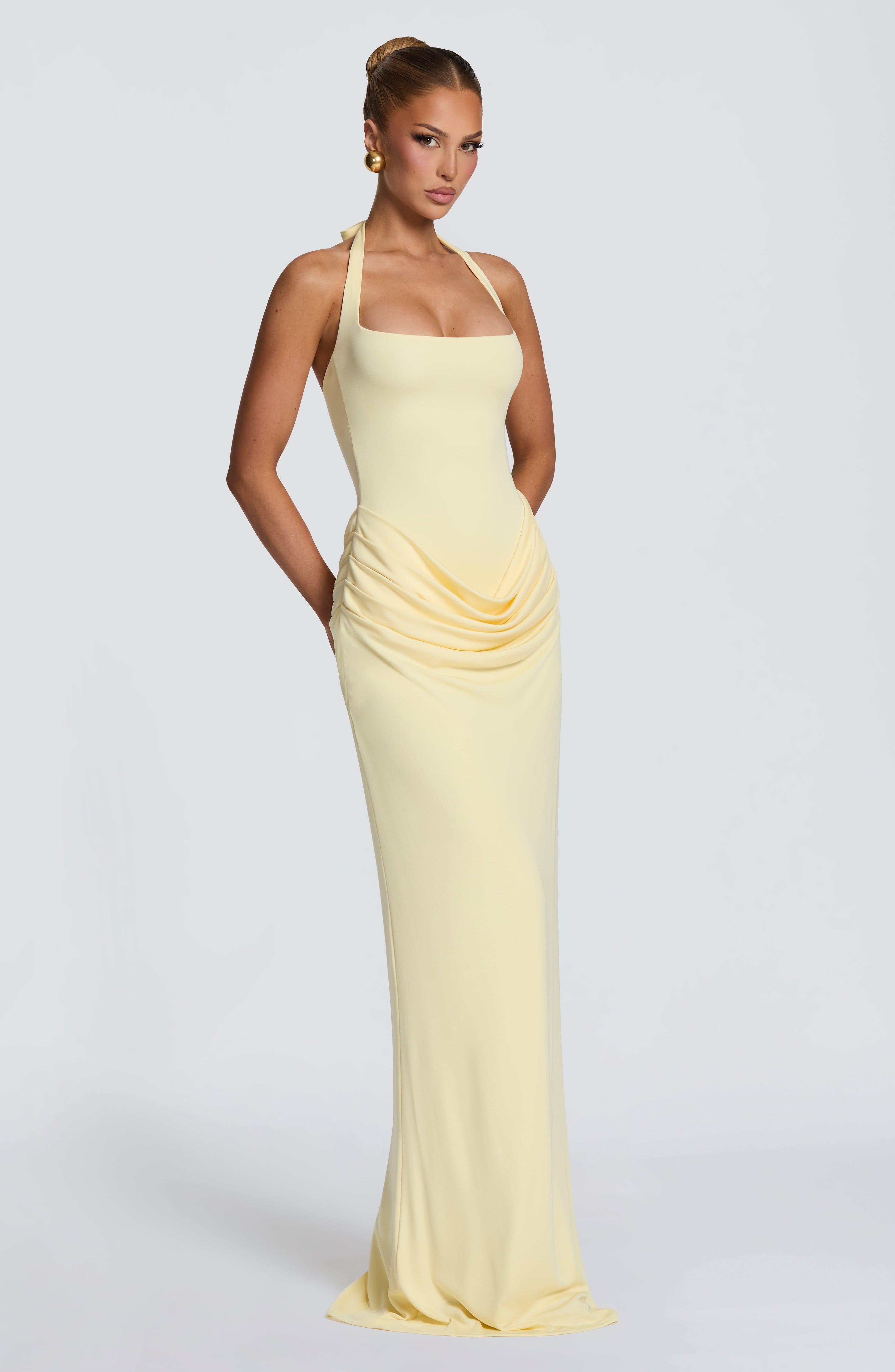 홀터 스퀘어넥 맥시 드레스 허리 드레이핑 루슈 바디콘  - Bodycon Dress Women 리뷰 및 가격