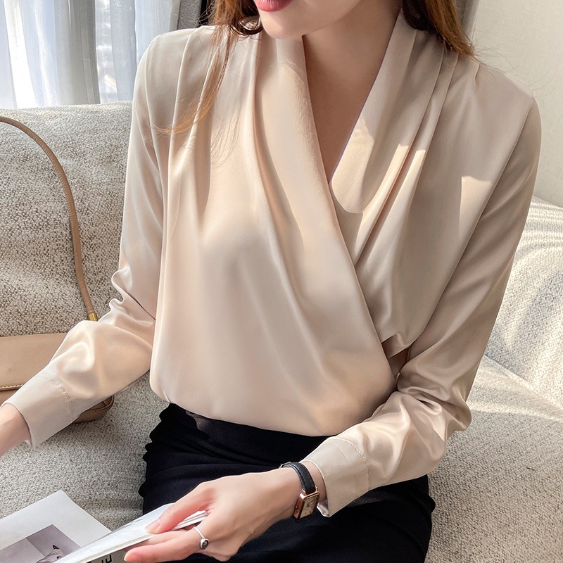 여성용 브이넥 새틴 블라우스 긴팔 우아한 오피스룩 출퇴 - Wrap Blouse Chiffon 리뷰 및 가격