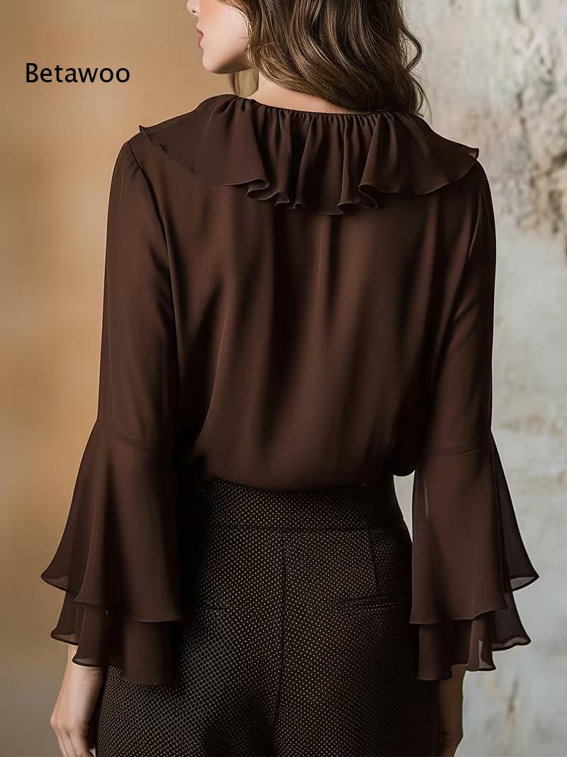 여성 우아한 러플 V넥 쉬폰 블라우스 플레어 롱 슬리브 - Wrap Blouse Chiffon 리뷰 및 가격