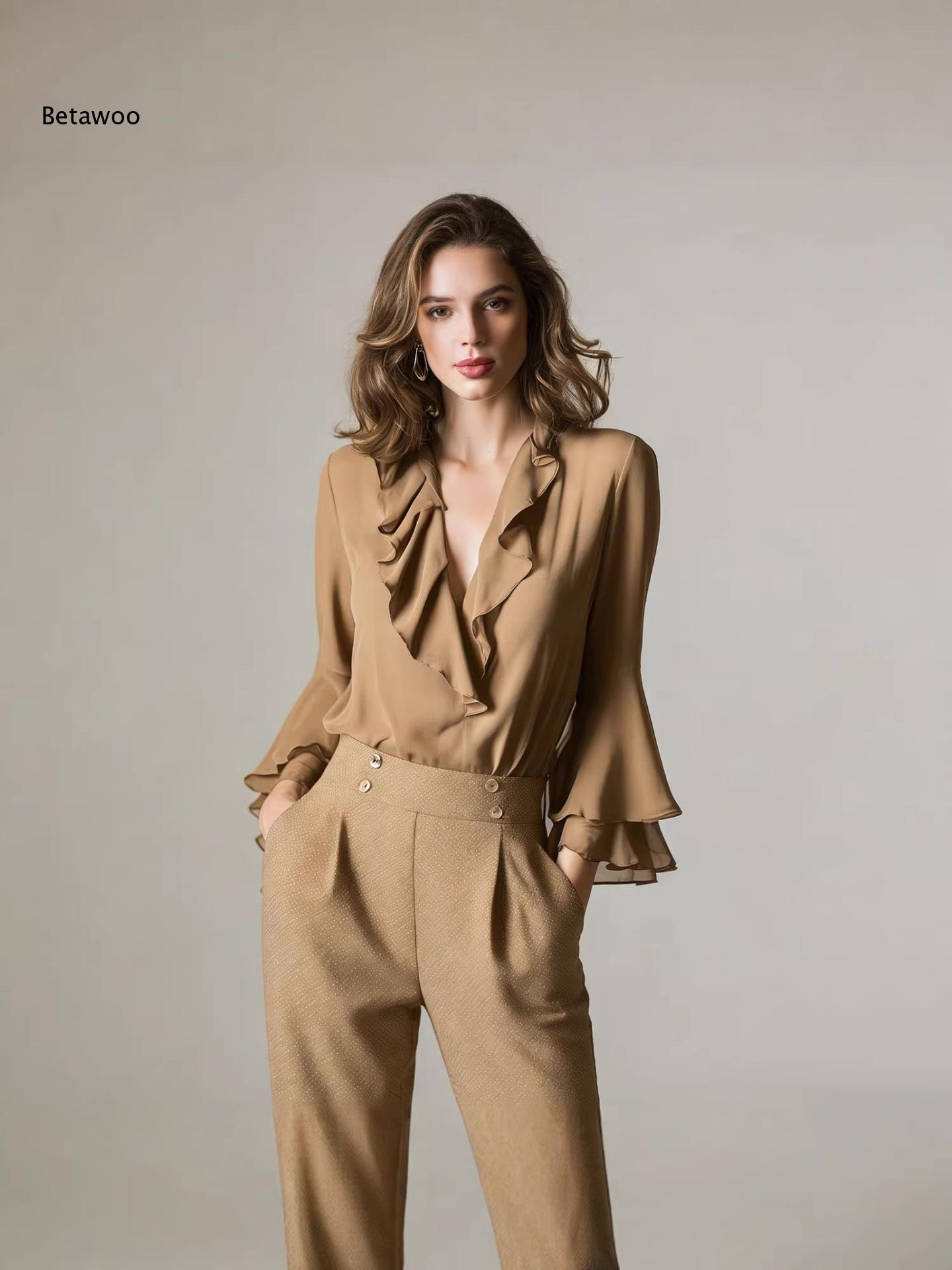 여성 우아한 러플 V넥 쉬폰 블라우스 플레어 롱 슬리브 - Wrap Blouse Chiffon 리뷰 및 가격
