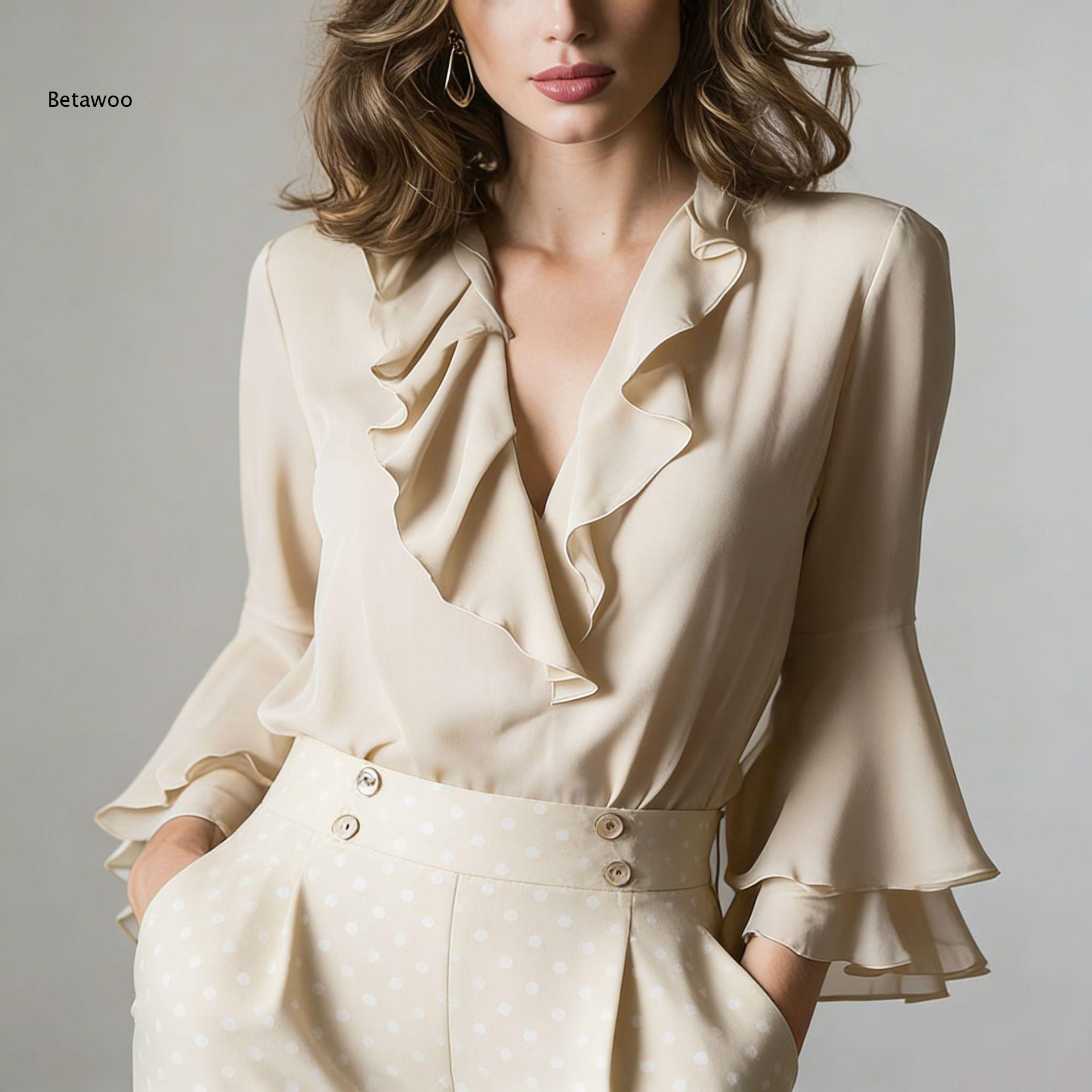 여성 우아한 러플 V넥 쉬폰 블라우스 플레어 롱 슬리브 - Wrap Blouse Chiffon 리뷰 및 가격